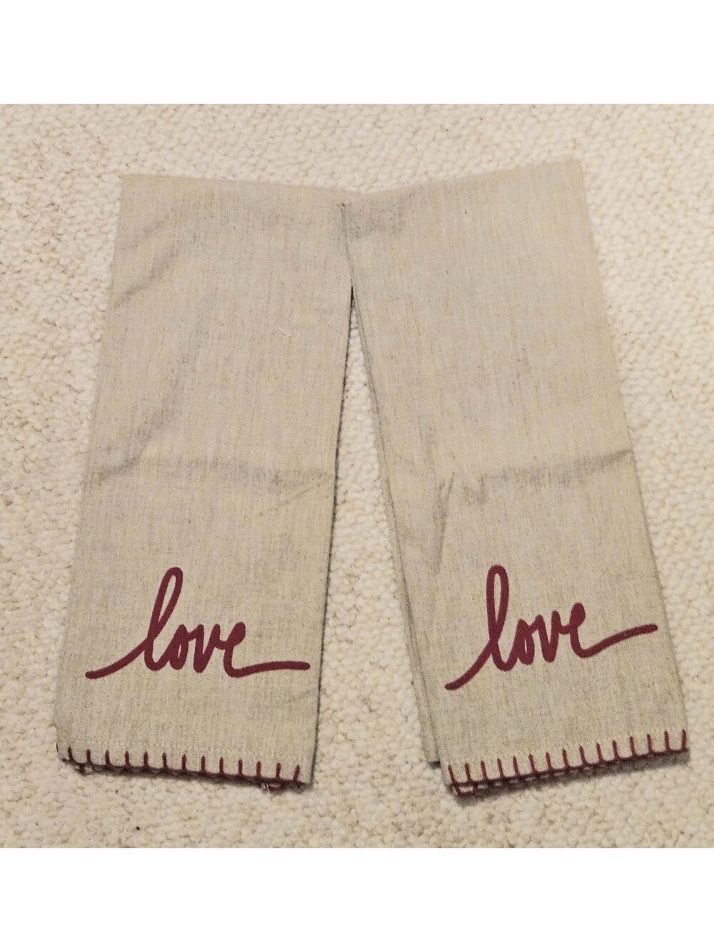 LOVE Valentines Day Kitchen Tea Towels Love Hearts Set of 2 Red Linen Tan